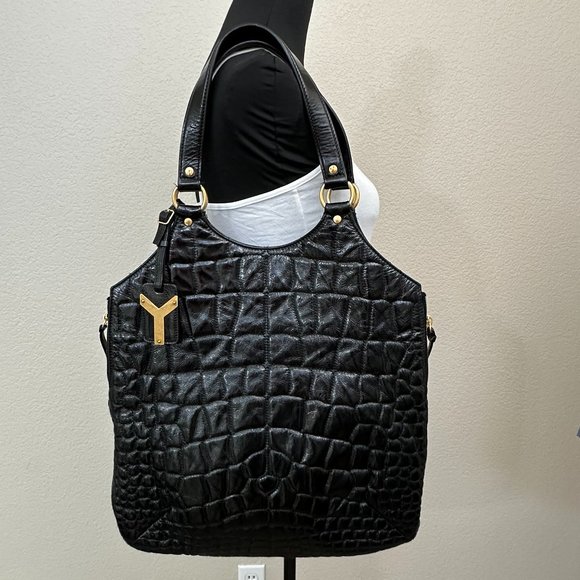 Vintage YSL Saint Laurent Black Patent Leather Croc Stitched Tribute Flat Tote - Picture 3 of 12